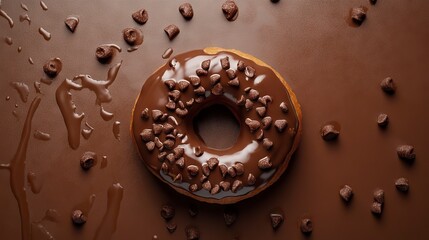 Delicious Chocolate Donut with Chips on Chocolate Background for Dessert
