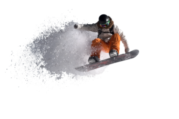 Male snowboarder performing jump in winter gear with snow spray effect, cut out