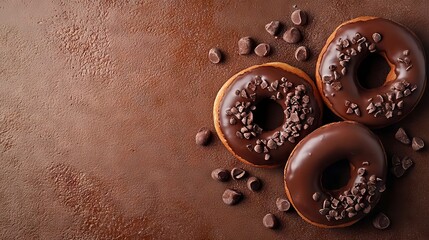 Chocolate Donuts with Chocolate Chips on a Brown Background Overhead Shot