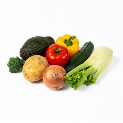 Mixed raw vegetables on white background with full depth of field for vegan food styling or healthy eating concept