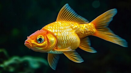 Swimming Goldfish Close-up in Aquarium with Dark Background for Pet Concept