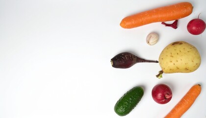 Mixed raw vegetables on white background with full depth of field for vegan food styling or healthy eating concept