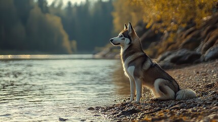 Sitting Husky Dog at the Riverbank Looking Into the Distance