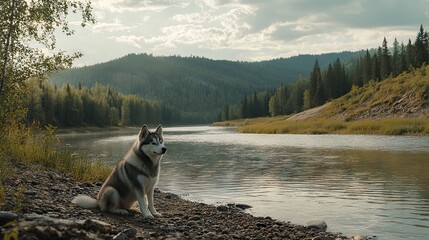 Husky Dog Sitting Riverbank Relaxing in Nature Landscape at Dusk