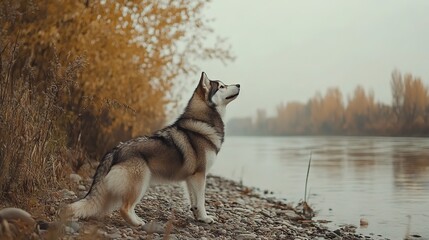 Husky Standing by River Bank in Fall Looking at Sky