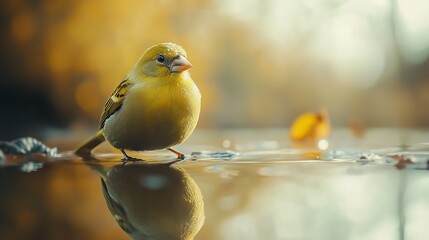 Yellow Bird Standing in Water with Reflection in Autumn Setting