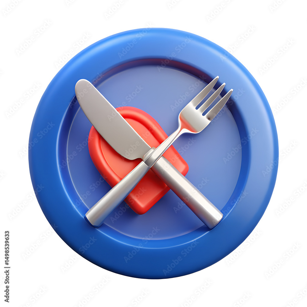 Poster 3d render of knife and fork on plate icon isolated on transparent background