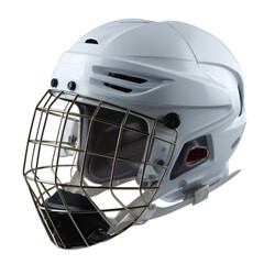 Fototapeta premium Protective Hockey Helmet: The stark, close-up reveals the intricate details of a pristine, white hockey helmet with a sturdy, gold-toned cage.