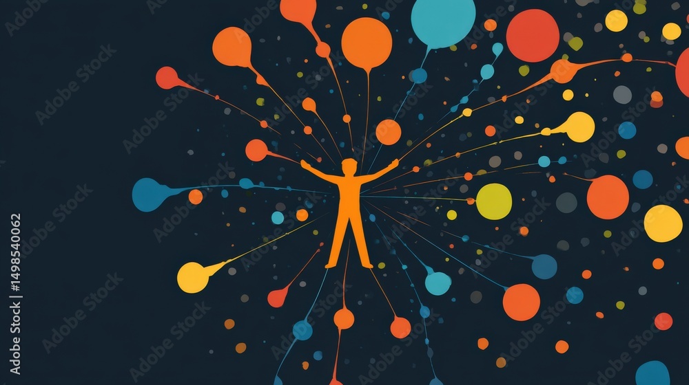 Poster a silhouette of a person stands at the center of radiating colorful dots and lines, symbolizing conn