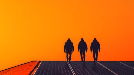 Silhouetted figures walking on solar panels under an orange sky
