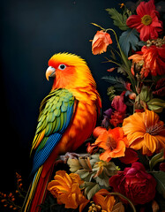 Fototapeta premium A vibrant parrot perched among colorful flowers against a dark background.