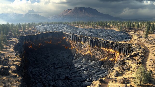 Volcanic geoheritage site rendered with lava flow textures basalt columnar jointing pyroclastic layering and ancient caldera outlines integrated into a geopark trail system