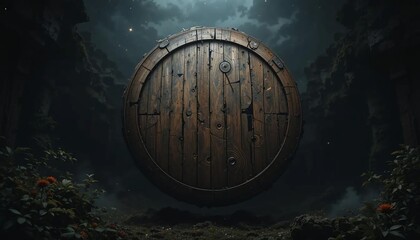 Obraz premium Mysterious Wooden Barrel Door in a Dark Forest