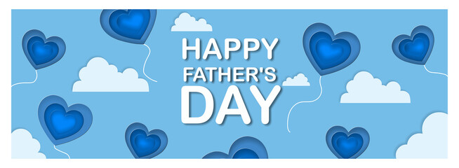 A cheerful Father's Day greeting design featuring layered blue heart balloons floating in the sky with soft clouds. Paper cut-out style and clean typography, ideal for digital greetings or banners.
