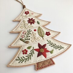 Handcrafted tree-shaped ornament made from layered textile patches with intricate embroidery, featuring a rustic, crafty cutout design on a clean white background, holiday decorations, festive crafts