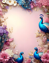 A decorative frame featuring vibrant peacocks and floral elements on a soft pink background.