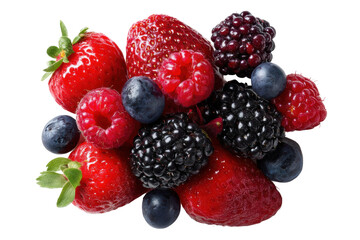 Assorted fresh berries: strawberries, raspberries, blackberries, blueberries against black background, cut out