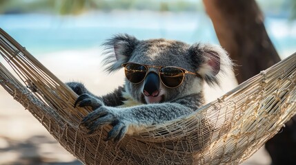 A cool koala wearing aviator sunglasses, relaxing on a hammock by the beach.