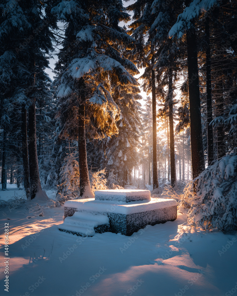Poster snow covered stone structure in a winter forest with sunlight streaming through tall trees behind it
