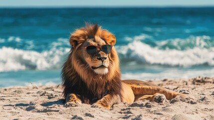 A cool lion in sunglasses lounging on a sandy beach, the ocean waves crashing in the background.