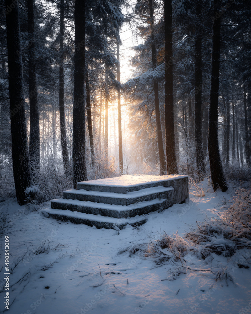 Aufkleber a concrete platform with steps in a snowy forest with sunlight shining through the trees in winter t