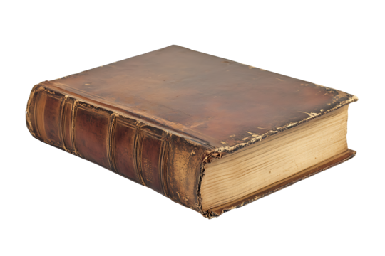 Old brown leather-bound book with worn pages, symbolizing knowledge, history, and vintage literature, perfect for educational and antique themes, isolated on transparent background