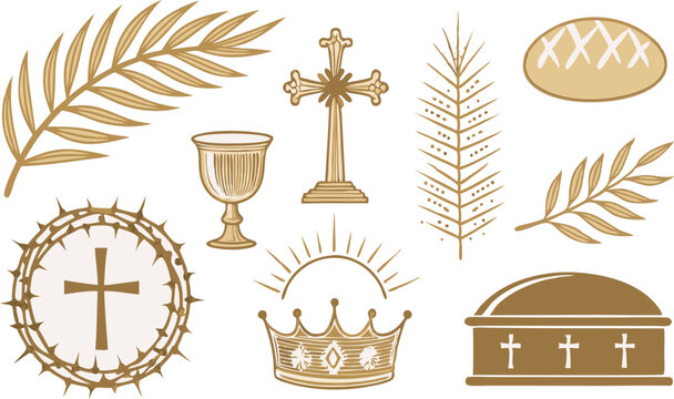Illustrative collection of religious symbols including a crown, cross, and palm leaves.