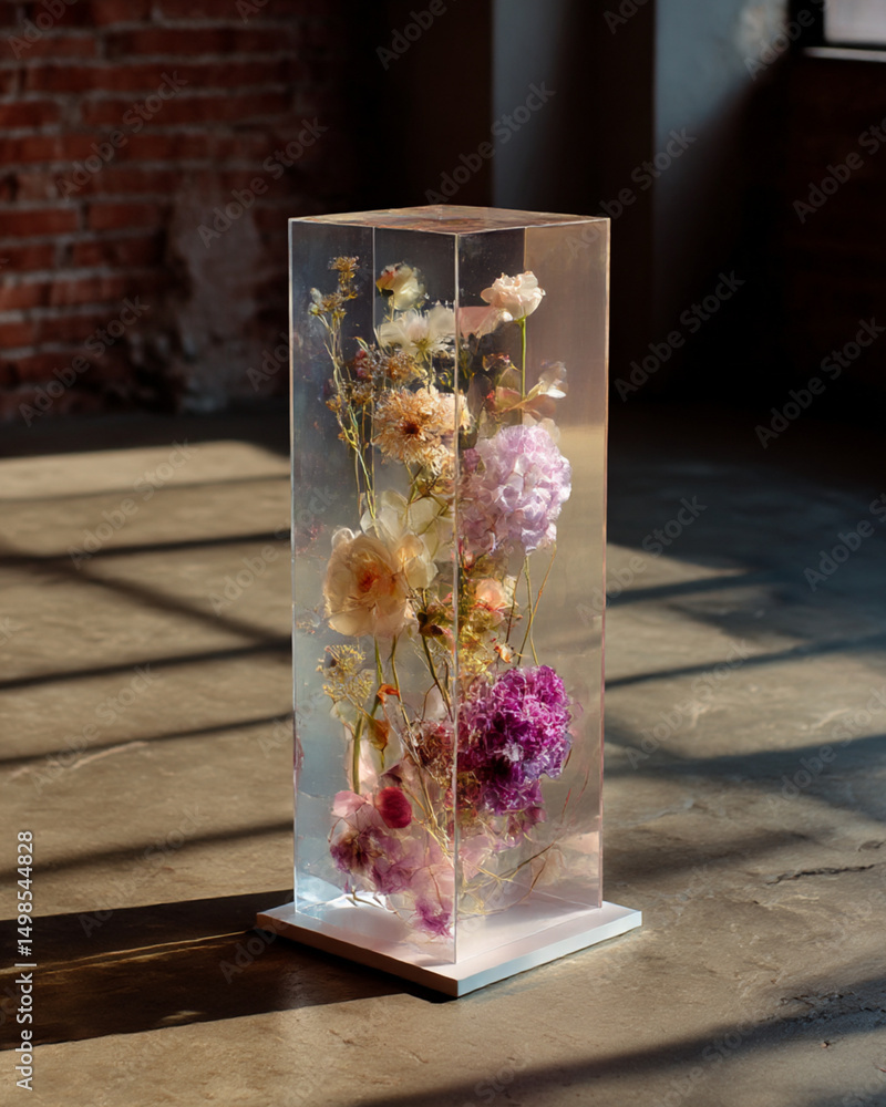Poster a clear resin block encasing a variety of colorful flowers standing on a white base in a room settin