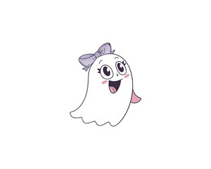 Cute Kawaii Ghost Girl with Big Eyes and Purple Bow  Happy Cartoon Halloween Character Illustration.