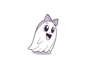 Cute Kawaii Ghost Girl with Big Eyes and Purple Bow  Happy Cartoon Halloween Character Illustration.