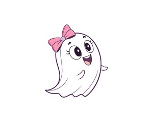 Cute Kawaii Ghost Girl with Big Eyes and Purple Bow  Happy Cartoon Halloween Character Illustration.