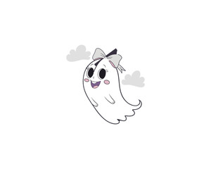 Cute Kawaii Ghost Girl with Big Eyes and Purple Bow  Happy Cartoon Halloween Character Illustration.