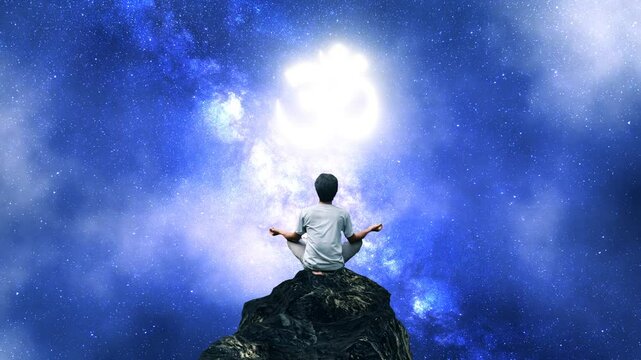 yoga meditation person facing sky with glowing omm symbol