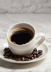  Aromatic black coffee in white cup surrounded by roasted coffee beans