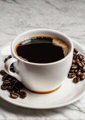  Aromatic black coffee in white cup surrounded by roasted coffee beans