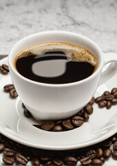  Aromatic black coffee in white cup surrounded by roasted coffee beans