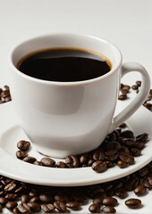  Aromatic black coffee in white cup surrounded by roasted coffee beans
