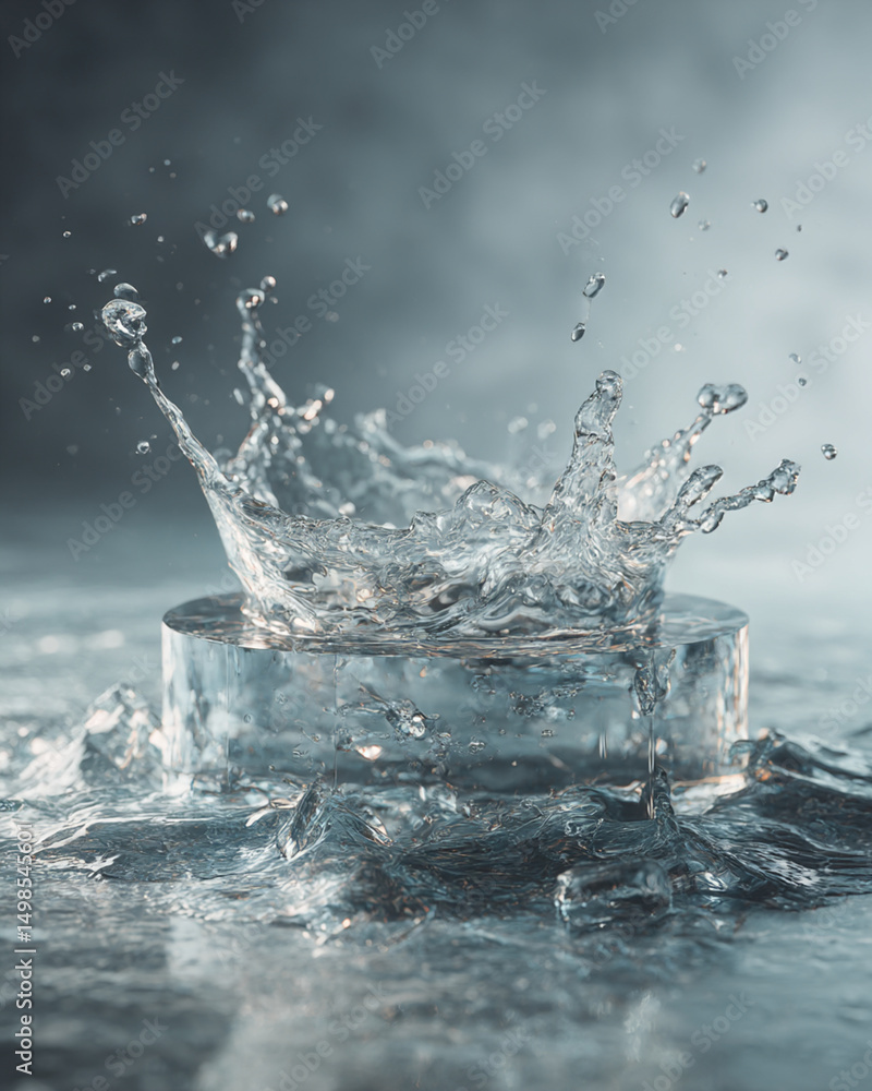 Poster water splash on a clear cylindrical object with droplets and reflections in a grey background scene