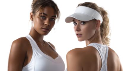 Tennis Players Portrait: Two female tennis players in white tank tops, one wearing a white visor, pose confidently against a white background.