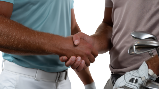 Golfers Handshake: Two golfers shake hands, symbolizing sportsmanship, camaraderie, and fair play on the golf course.  A moment of respect and mutual understanding.