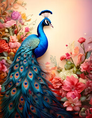 A vibrant peacock surrounded by colorful flowers, showcasing nature's beauty.