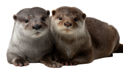 Playful Otter Duo: A close-up, adorable portrait captures two otters, their soft fur and curious eyes peering directly at the viewer, showcasing their playful nature and captivating charm.