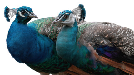 Obraz premium Majestic Peafowl Duo: Two peafowl, one with vibrant blue plumage and the other with subtle grey feathers, stand together in a display of natural beauty and elegance.