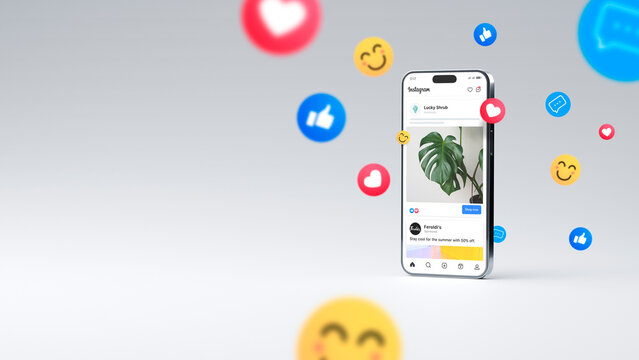 Meta ads on mobile phone screen. iPhone 15 pro max with emojis around showing advertising example on Instagram. Rosario, Argentina - May 21, 2025.