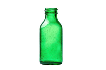 Empty green glass bottle on black background with detailed texture, cut out