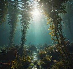 Sunlit kelp forest sways rhythmically, creating an underwater dreamscape, coral, marine