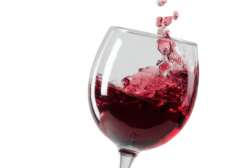 Red wine splashing into glass with dynamic motion and vivid details, cut out