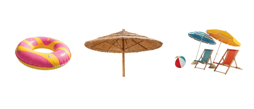 Colorful beach accessories isolated on a transparent background.