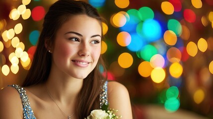 Fototapeta premium Romantic Portrait of Teenage Girl in Sparkling Prom Dress with Corsage at Golden Hour