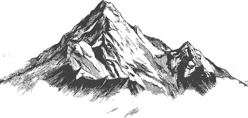 Monochrome sketch of a majestic mountain with peaks and shadows. Vector illustration